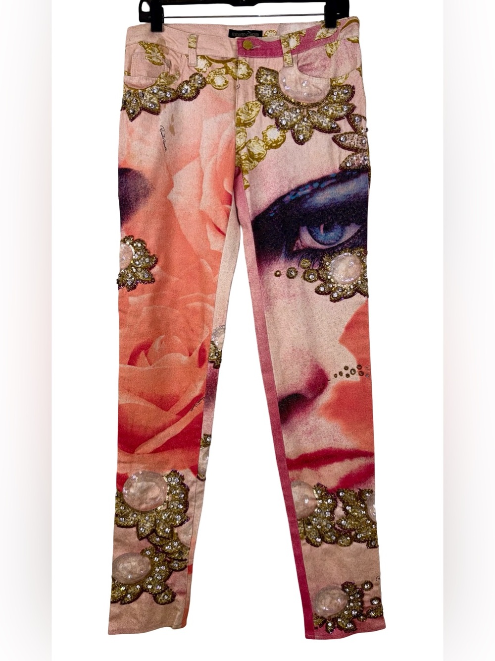 ROBERTO CAVALLI “EYE & ROSE” JEWEL FACE PRINT JEANS